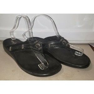 MINNETONKA Mocassins Black Leather Slide On Silverthorne Thong Sandals‎ Size 9